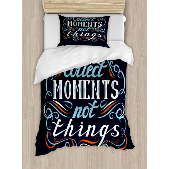 Saying Duvet Cover Set Twin Size, Collect Moments Not Things Curvy Vintage, Decorative 2 Piece Bedding Set with 1 Pillow Sham, Night Blue Orange, by Ambesonne