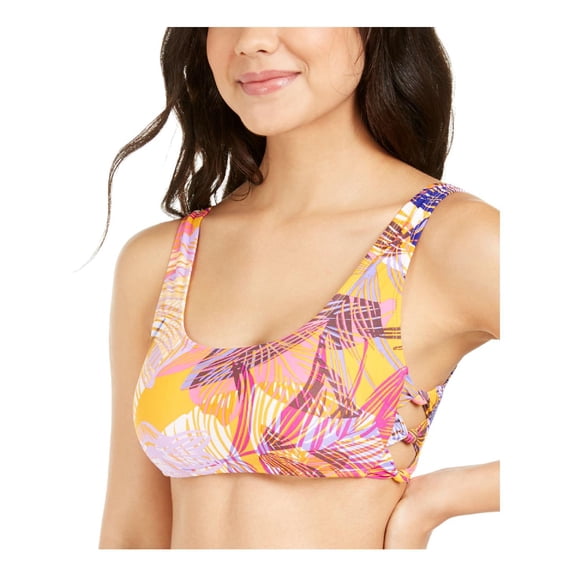 Hula Honey Juniors Palm Play Printed Side-Knot Bralette Bikini Top,Orange, Medium