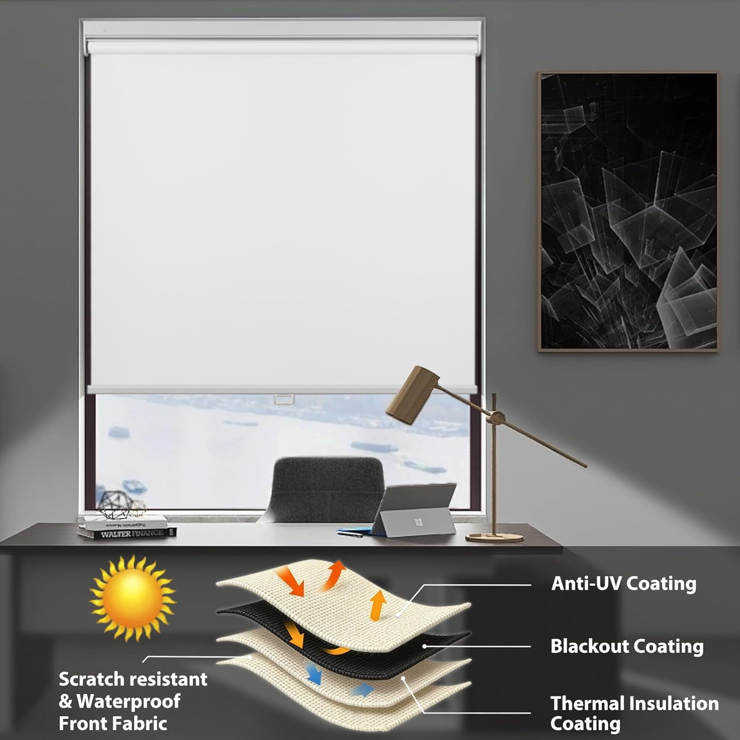 No Drill Cordless Blackout Roller Shades Screwless Waterproof Shower Window Blinds, Auto-Retraction Easy Install Blind for Bathroom/Kitchen/Office/Exterior, White, 34.5" W x 72" H