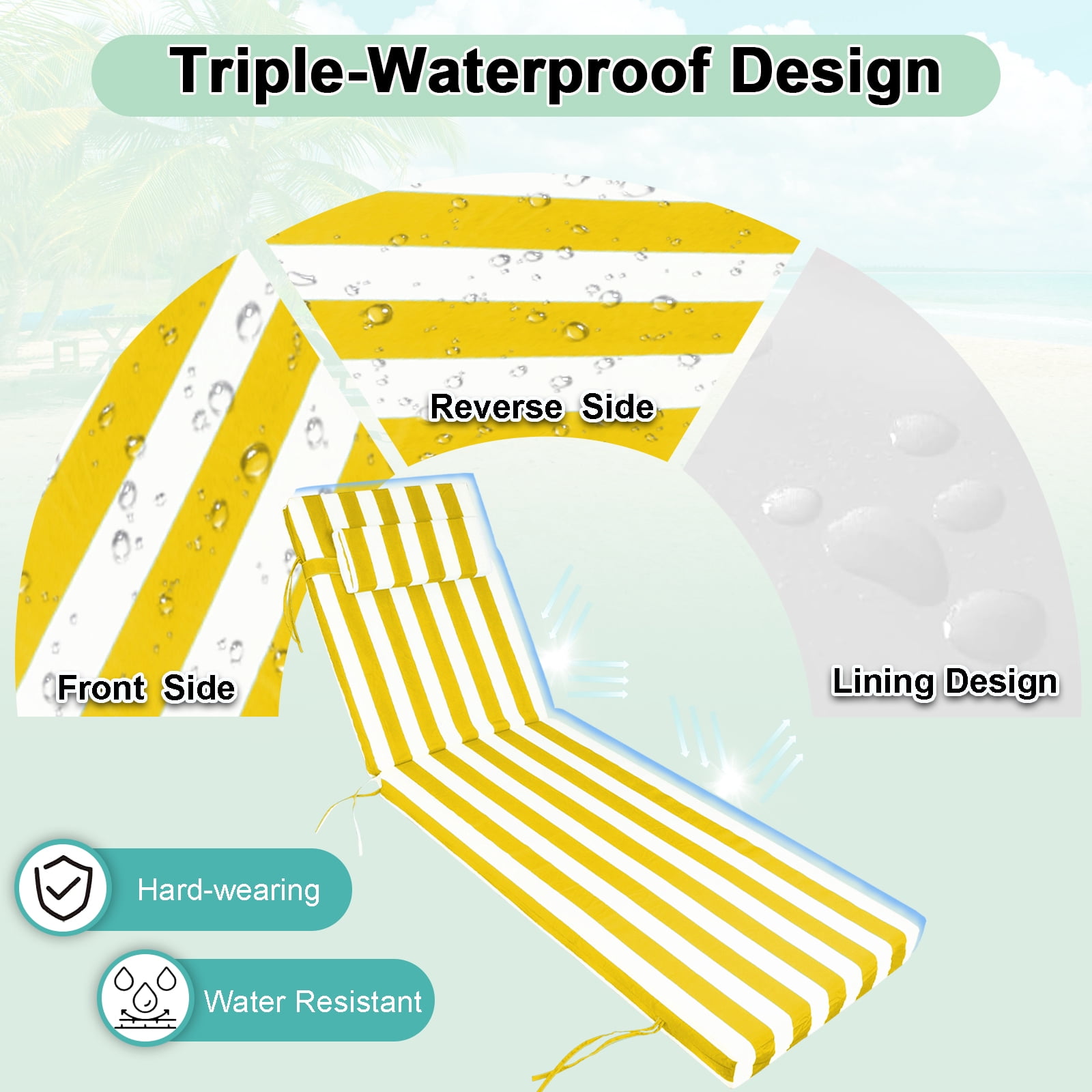 DTTRA Chaise Lounge Cushions Outdoor, 72 x 21 x 3 Inch, Waterproof Lounge Chair Cushion for Outdoor Furniture, Patio Lounger Pads with Removable Cover Ties Pillow for Pool, Garden Loungers