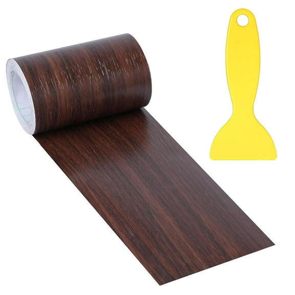 4" X33' Size Realistic Wood Grain Repair Tape, Self Adhesive Wood Grain Repair Patch for Tables, Chairs, Doors, Windows, Floors, Furniture Renovation, Handicraft DIY. With Plastic Scraper. Dark Brown