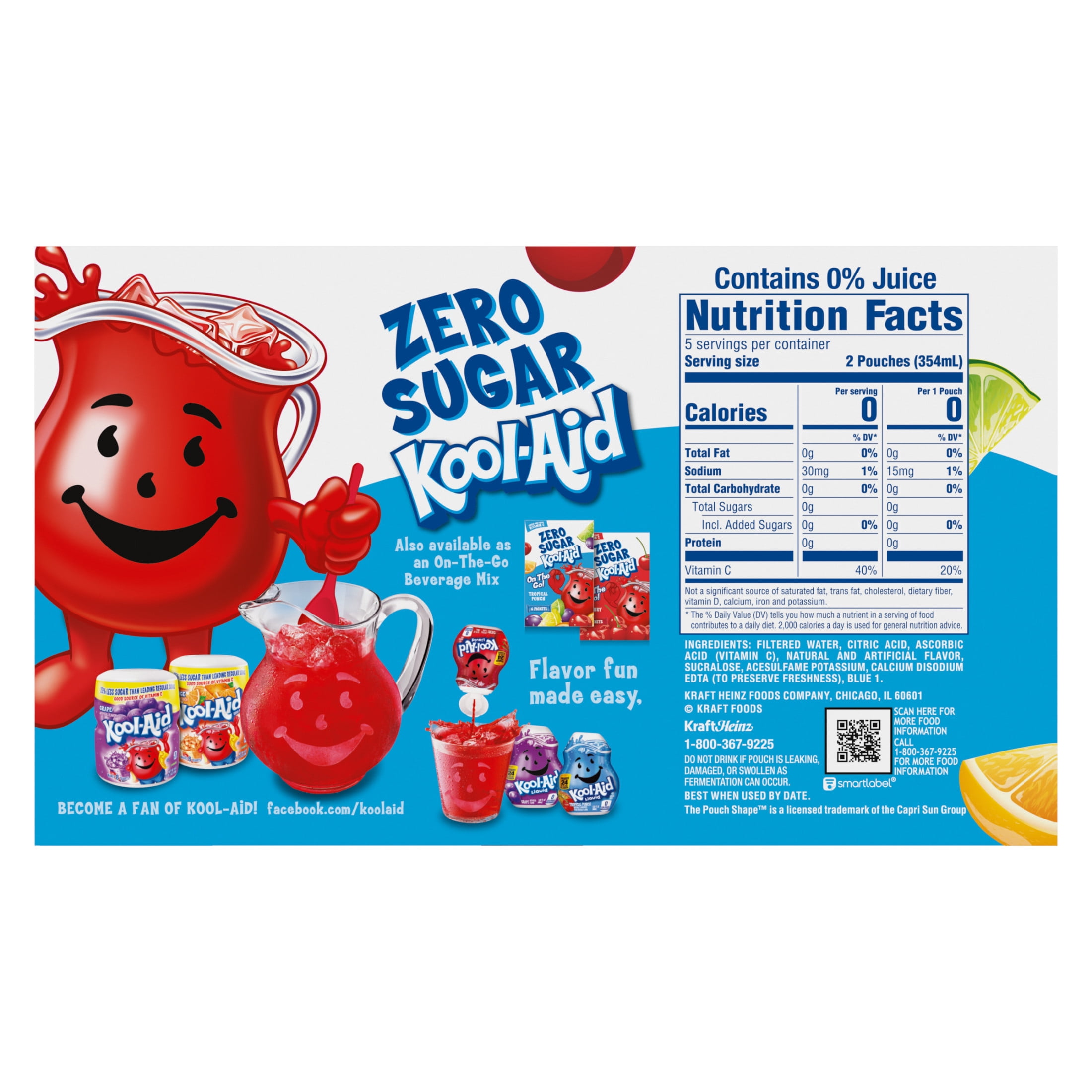 Kool-Aid Zero Sugar Jammers Artificially Flavored Drink, 10 Pouches, for School Lunches and On-the-Go Hydration, Tropical Punch Flavor, Zero Calories, 6 fl oz