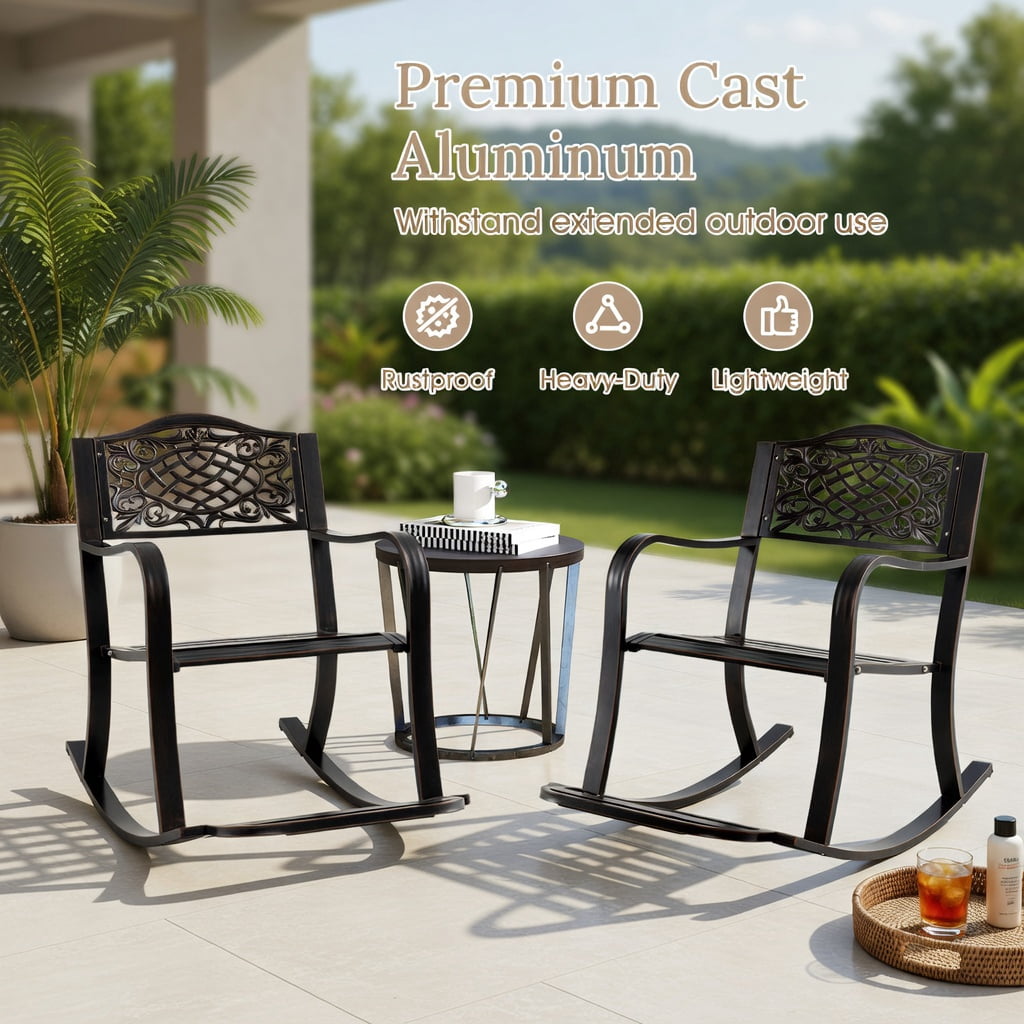 Hommoo Cast Aluminum Patio Rocking Chair with Footrest, Curved Armrests & Floral Back Design, Outdoor Rocker for Backyard, Porch, Poolside, Antique Brown