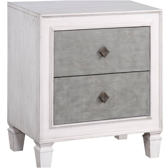 JERFIT Farmhouse Nightstand with 2 Drawers, Weathered White & Gray Bedside Table with Felt Liner and Safety Stop