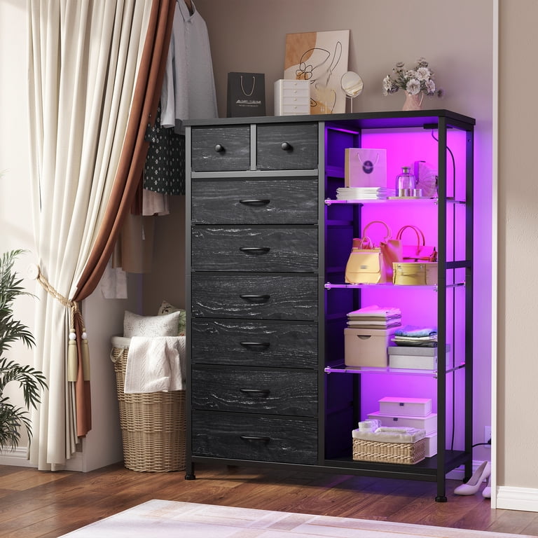black acrylic dresser EnHomee for Bedroom with Open Shelves & Charging Station Tall Dresser with 8 Fabric Drawers & LED Lights Color:Royal It’s dressed in a colour: black-and-white-frill-hem-high-neck-midi-dress Flattering Mother of the