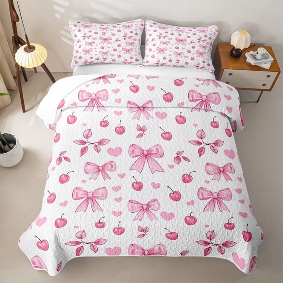 Erosebridal Pink Bow Cherry Twin Quilt Set,Cute Heart Print Twin Coverlet Set For Girls,2 Pieces