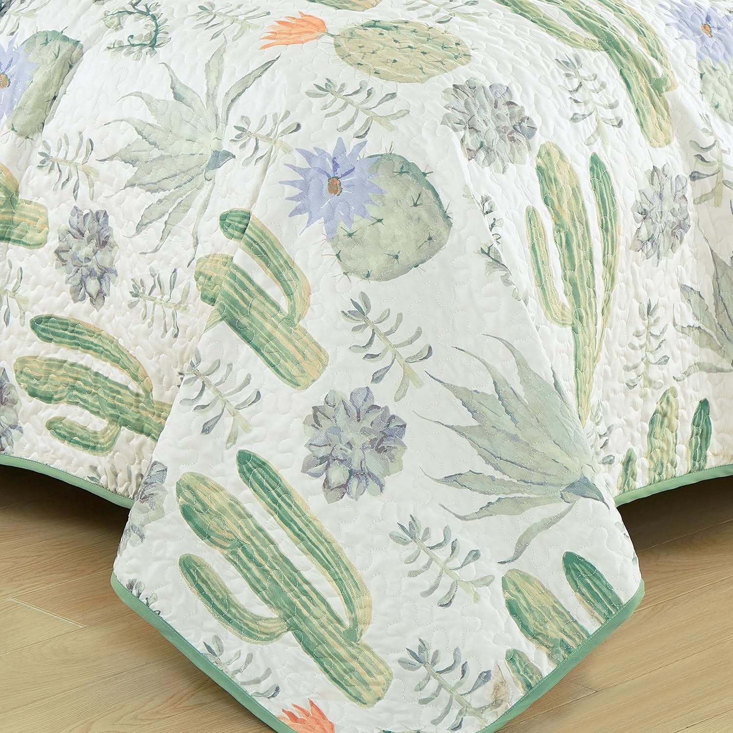 Chezmoi Collection Gregory 3-Piece Southwestern Serene Desert Quilt Set, Green Blue Cactus Succulent Plant Printed Microfiber Lightweight Quilted Bedspread Set, King (118" x 95")