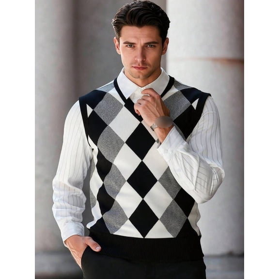 Men's Argyle V-Neck Sleeveless Sweater Vest Smart Casual Knitwear Top for Business Work
