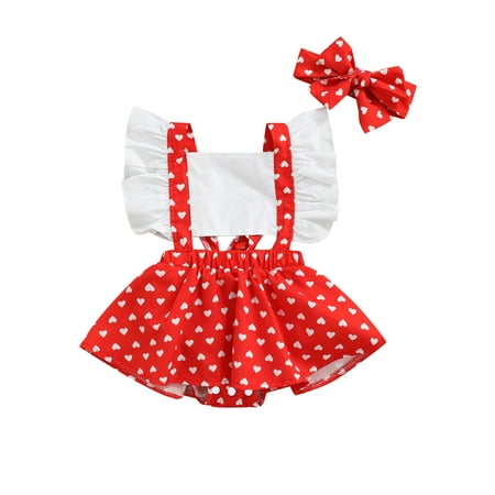 

Musuos Baby Girl Valentines Day Romper Heart Print Ruffle Sleeve Jumpsuit with Headband