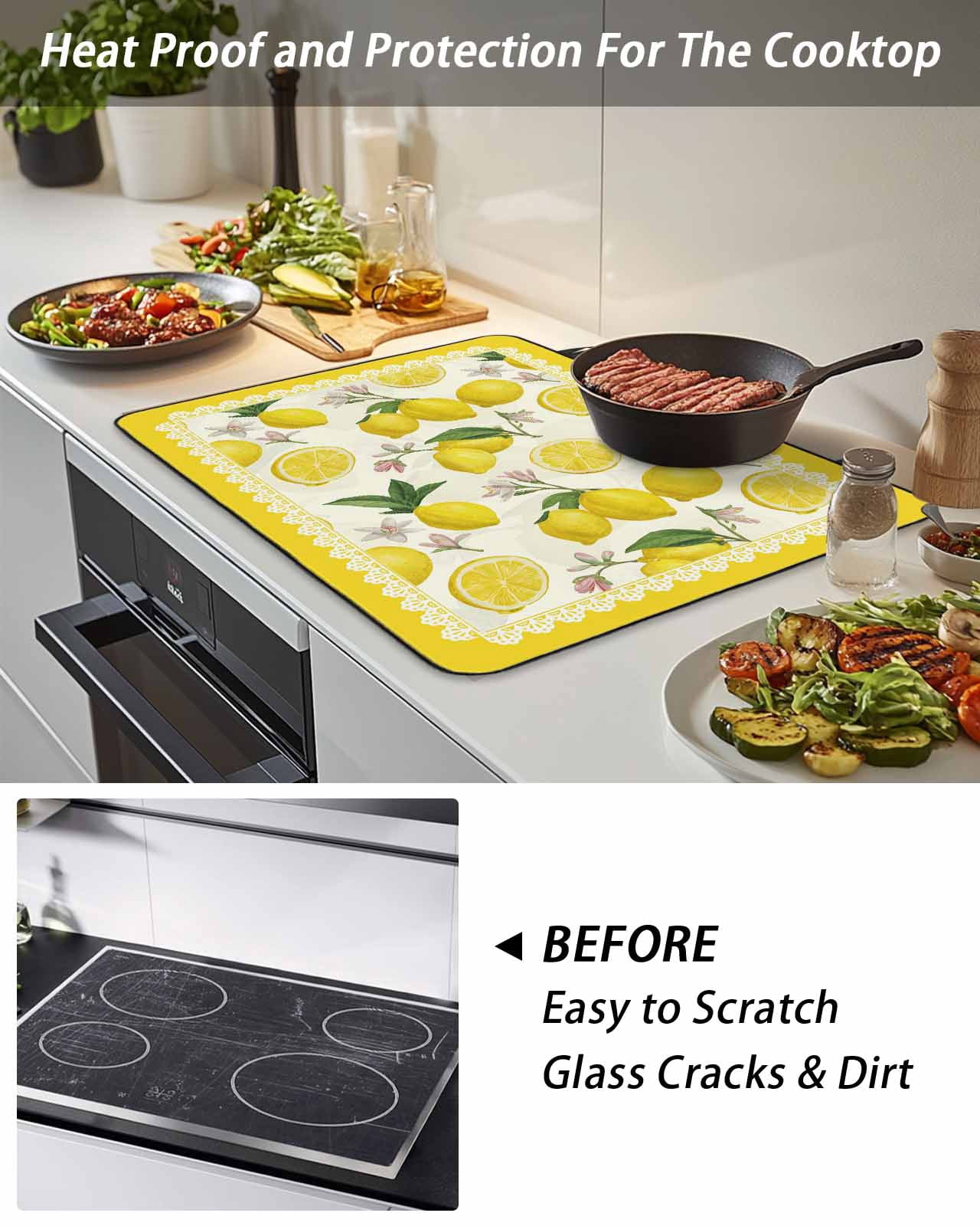 Stove Top Covers for Electric Stove, Yellow Summer Lemon Glass Stovetop Cover Protector, Summer Botanical Watercolor Induction Cooktop Protector Oven Mat for Kitchen Countertop 24"x21"