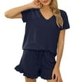 thumbnail image 2 of Viluyesy V-Neck T-Shirt and Shorts Set for Womens Solid Color Tops Elastic Waist Short Pants Tight Shirt and Shorts Sets Two PC Navy Size XL, 2 of 6