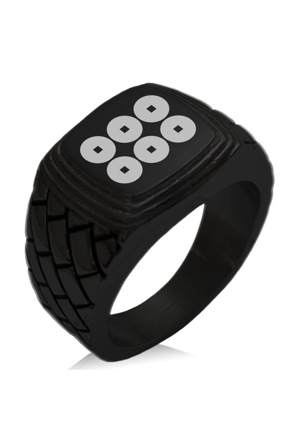 Stainless Steel Sanada Samurai Crest Geometric Pattern Step-Down Biker Style Polished Ring