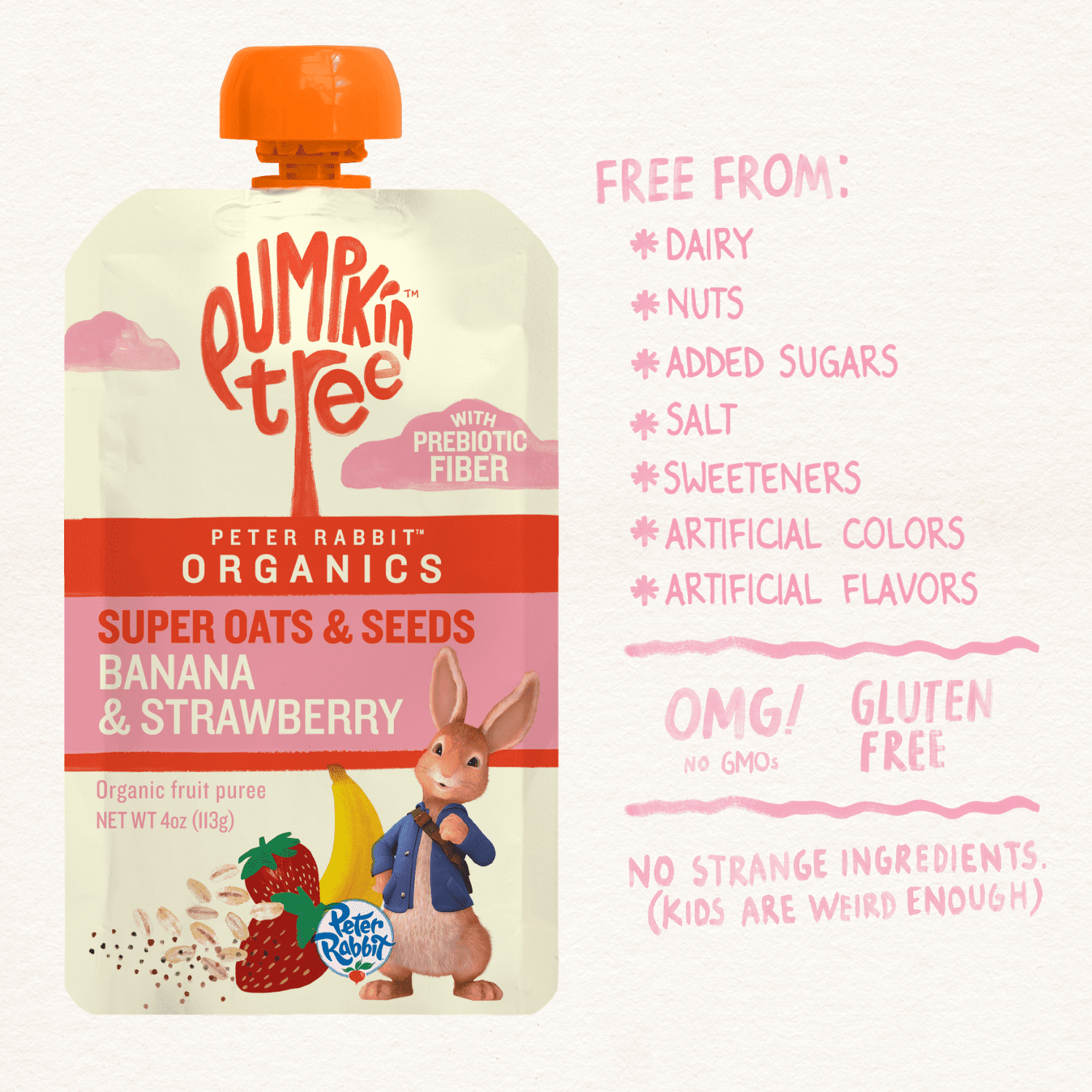 Pumpkin Tree Organics Peter Rabbit Prebiotic Fiber, Oats and Seeds Banana Strawberry Fruit Snack, 4 Ounce Squeeze Pouch