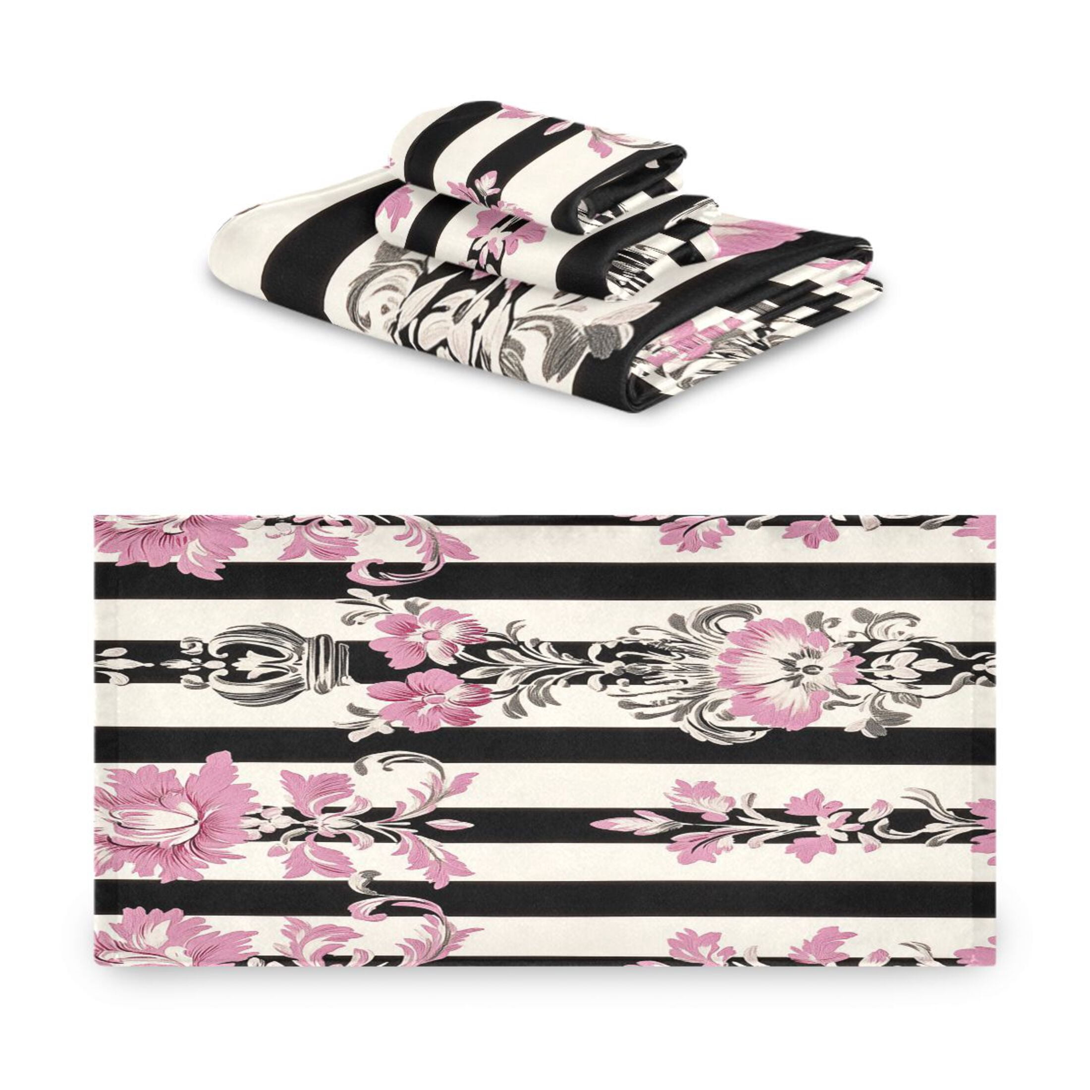 BZSMCE 3piece Bath Towel Sets Hand Bath Towels Fashion Floral Pink Black Damask Printed Towel Sets