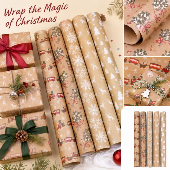 Brown Kraft Wrapping Paper Roll with White Deer Pattern, Durable Gift Wrapping Paper for Holiday and Birthday Presents, Christmas Wrap Paper 1 Pack