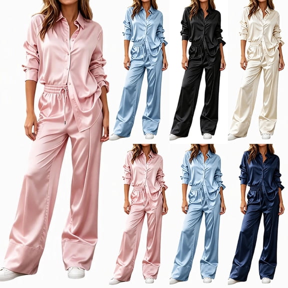 Xinoom Women's 2 Piece Satin Matching Set, Lapel Button Down Shirt & Drawstring Wide Leg Pants, Elegant Casual Outfit, Gift for Ladies, Dinner Gathering Beige,L
