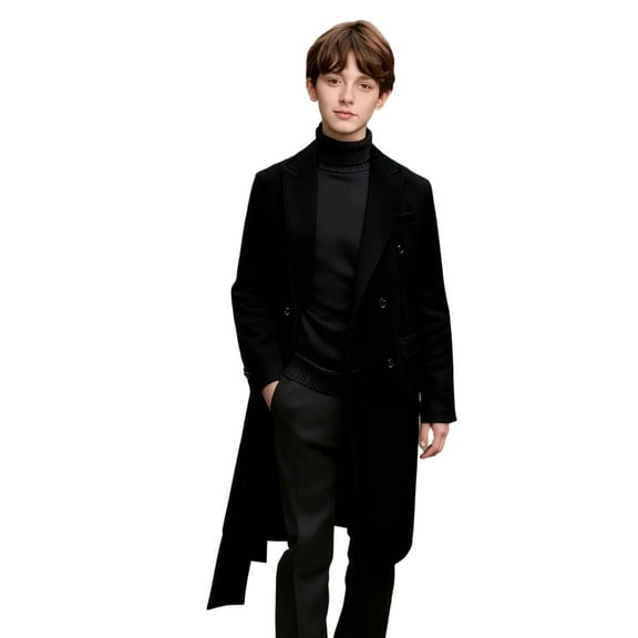 IVEYRTF Kids Solid Color Long Wool Coat for Boys and Girls Lapel Button Front Trench Style Outerwear with Pockets for Fall Winter Vacation Casual Wear(Black,12 Years)