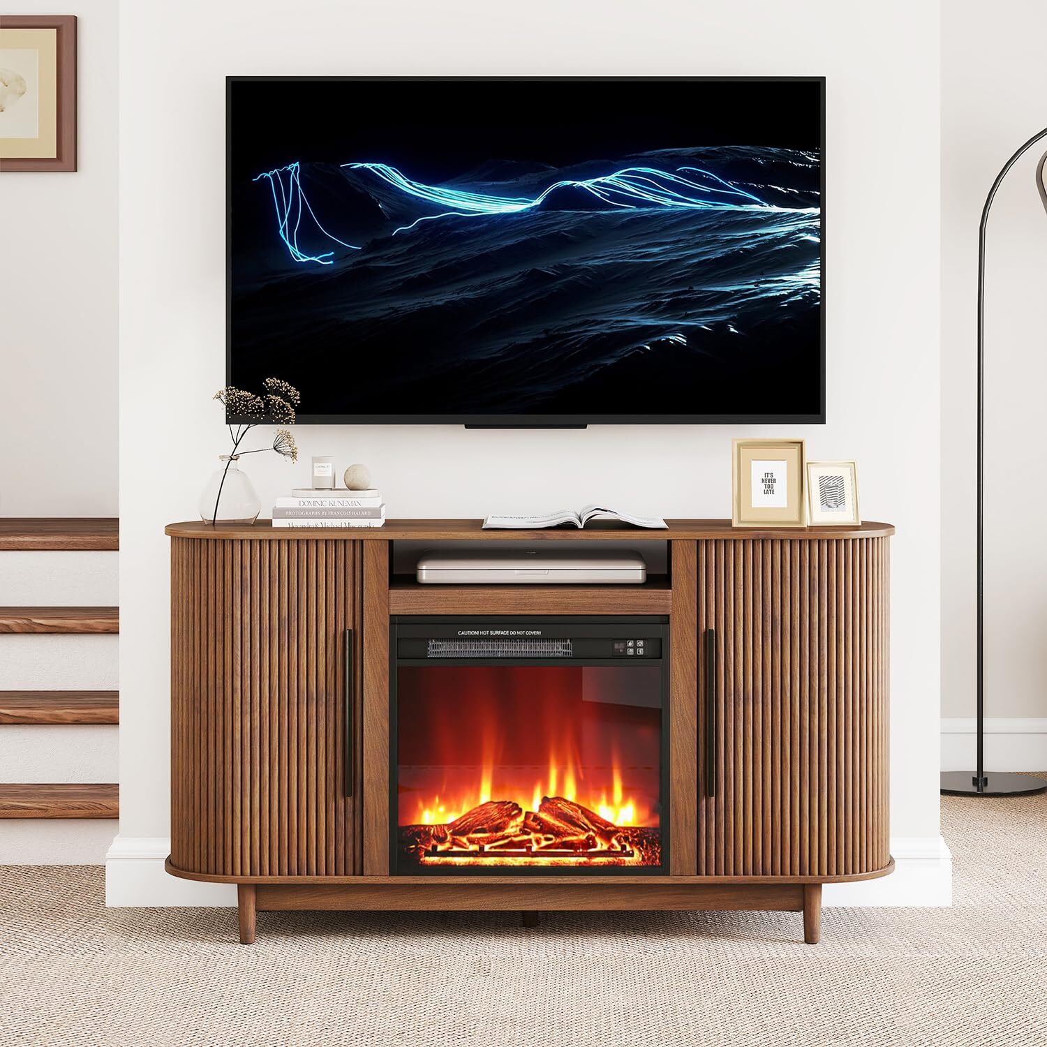 Fireplace TV Stand, Fluted Media Console with Tambour Doors for TVs up to 70", Tall Entertainment Center