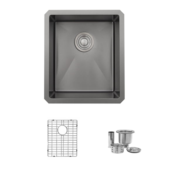 Stylish Undermount 16" Graphite Black Single Bowl Kitchen Sink with Grid & Strainer S-709XN