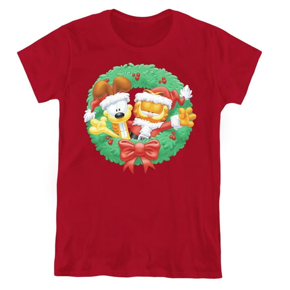 Garfield Christmas Wreath S/S Women's T-Shirt Cardinal