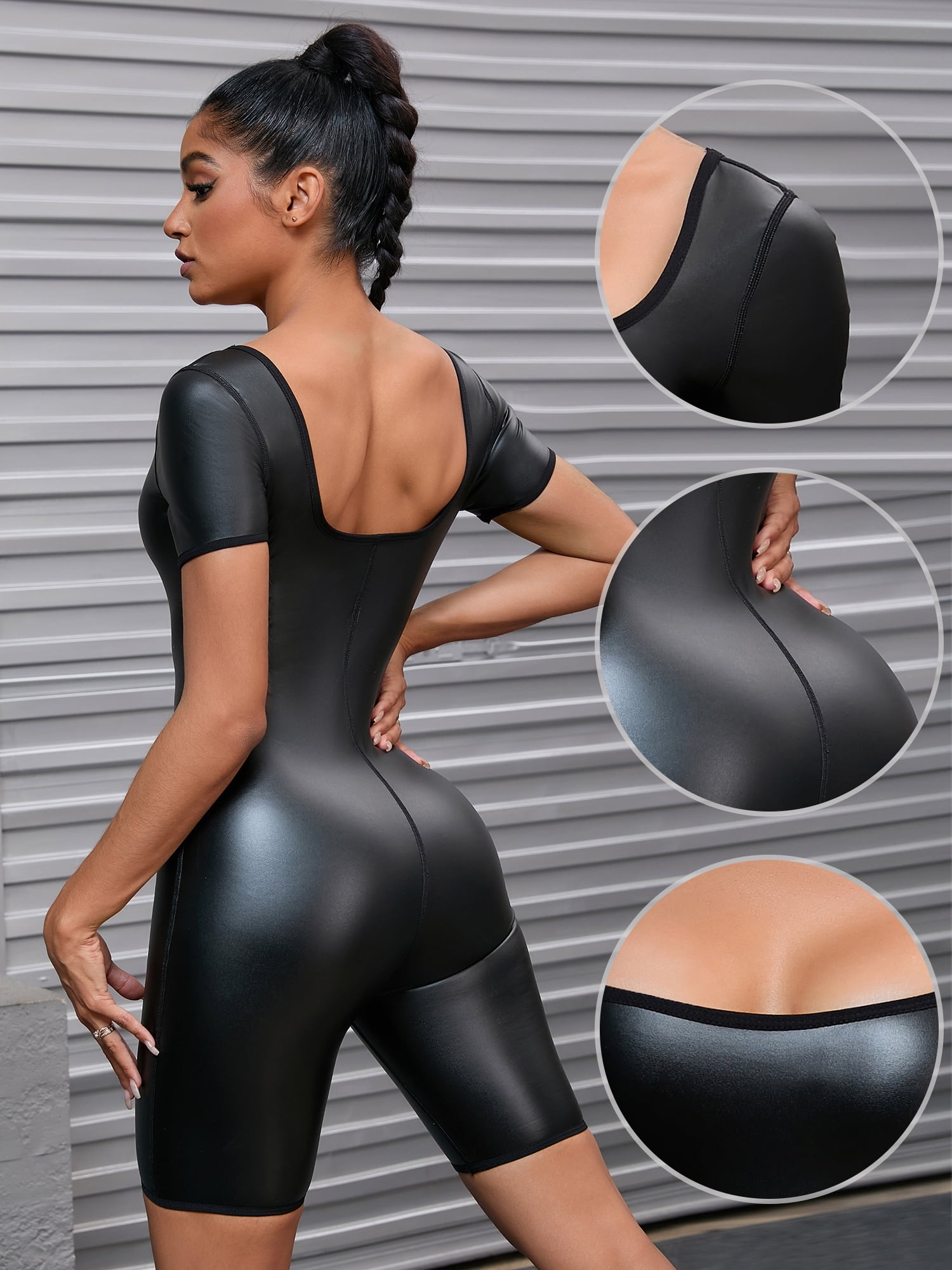 Unique Bargains Women's Short Sleeve Shapewear Bodysuit Leather Leotard Jumpsuit M Black