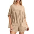 thumbnail image 3 of Feancey Summer Short Sets for Women Ruffled Casual Sleepwear with Shorts Matching Set Soft Cozy Pjs Two Piece Solid Color Lounge Outfits Khaki M, 3 of 10