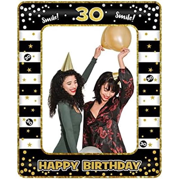 30th Inflatable Birthday Selfie Frame, Black Gold Photo Booth Props Funny Picture Frame for Party Decorations