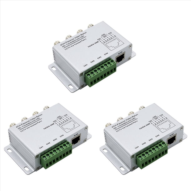 3X Balun de Video Pasivo de 4 Canales para Cámaras TVI CVI AHD CCTV A Través de Pares Trenzados Balun de Video UTP Transceptor de 4 Canales BNC A UTP RJ45