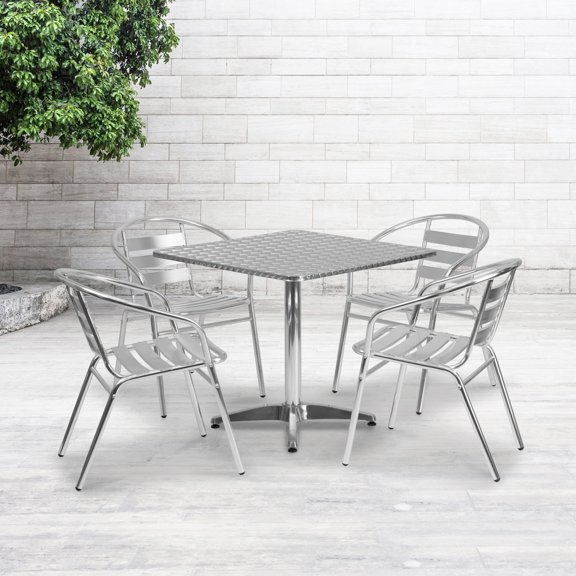 Emma Oliver 31.5" Square Aluminum Table Set with 4 Slat Back Chairs