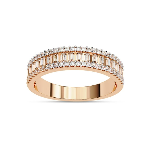 AFFY 3 Row Half Eternity Wedding Band Rings for Women Baguette and Round Cut Lab Created Moissanite Anniversary Ring in 10K Solid Rose Gold Size-10