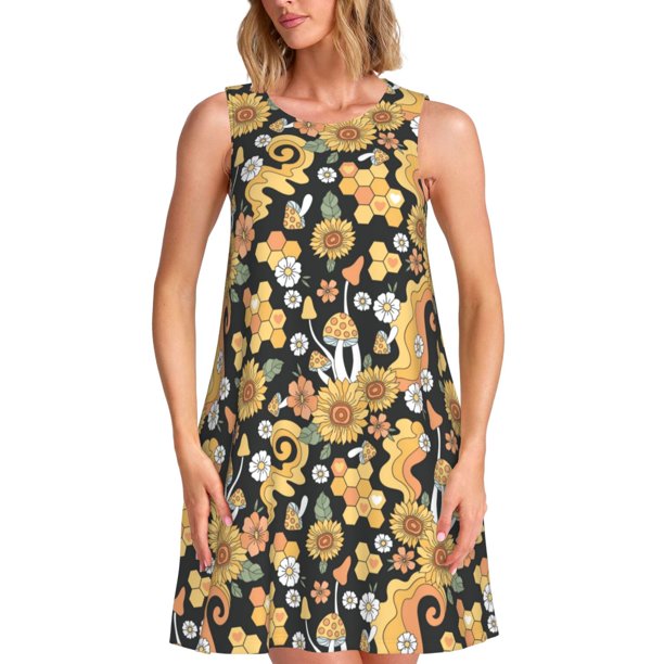 Balery Mushrooms Honeycomb Vestidos de verano para mujer con estampado: vestido holgado sin mangas, vestido playero informal y cómodo para días calurosos.