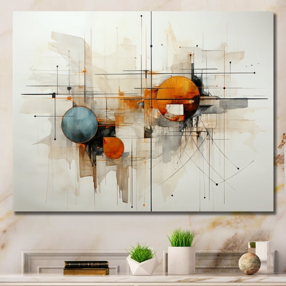 Designart line art Wall art decor, Line Art Wall Art, Blue Orange Line Art Conceptual Abstracts I , Teal Modern Canvas wall art, 40x30 inches