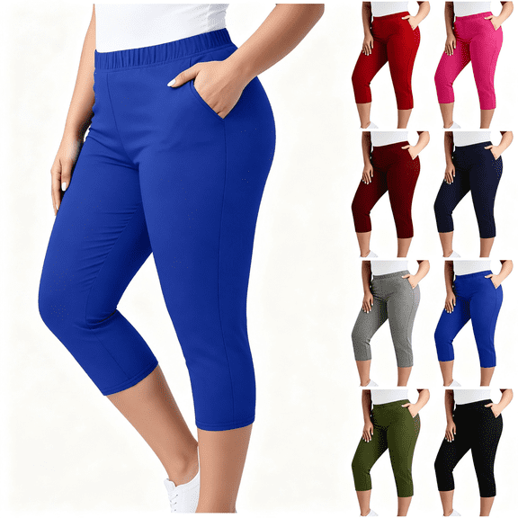 Plus Size Womens Capri Pants with Pockets, Elastic Waistband Stretch Comfy, Black, Size 2XL