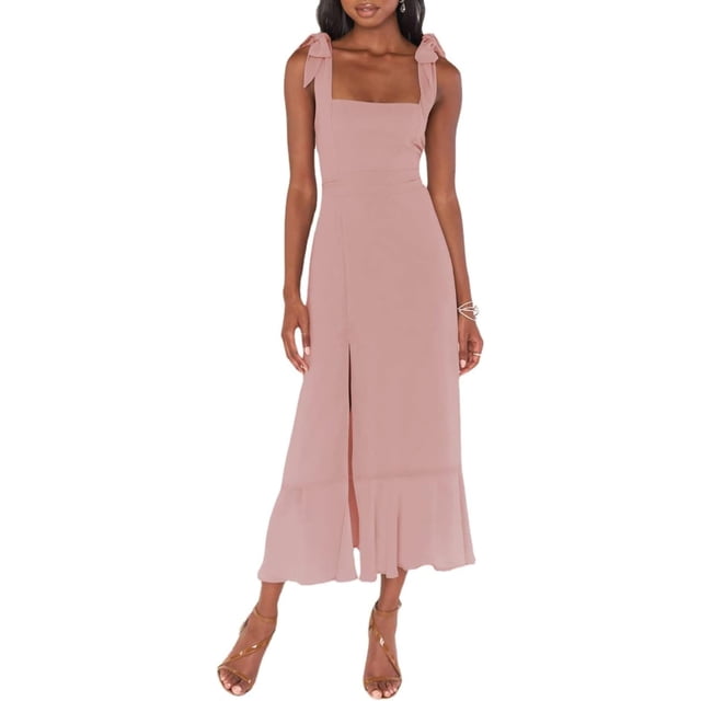 Robes de Demoiselle d'Honneur pour Femmes Col Carré à Volants Fendue Robe Midi Bretelles Larges Réglables Robe d'Été avec Ceinture pour Invité de Mariage