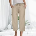 thumbnail image 2 of vigerkar Capri Pants for Women Casual 2025 Summer Drawstring Elastic High Waist Linen Pants Wide Leg Plus Size Capris Khaki, XL, 2 of 5