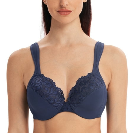 MELENECA Women s Comfort Straps Full Coverage Minimizer Plus Size Lace Underwire Bra Blue 36F