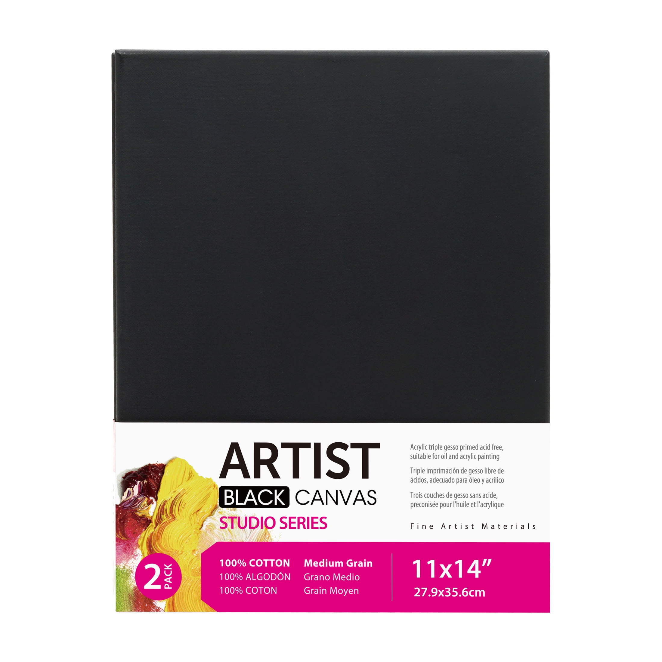 Studio Stretched Canvas, 100% Cotton Acid Free Black Canvas, 11"X14", 2 Pieces, Academic Canvas, Great Chioce for Beginners and Hobbyists of All Skill Levels.