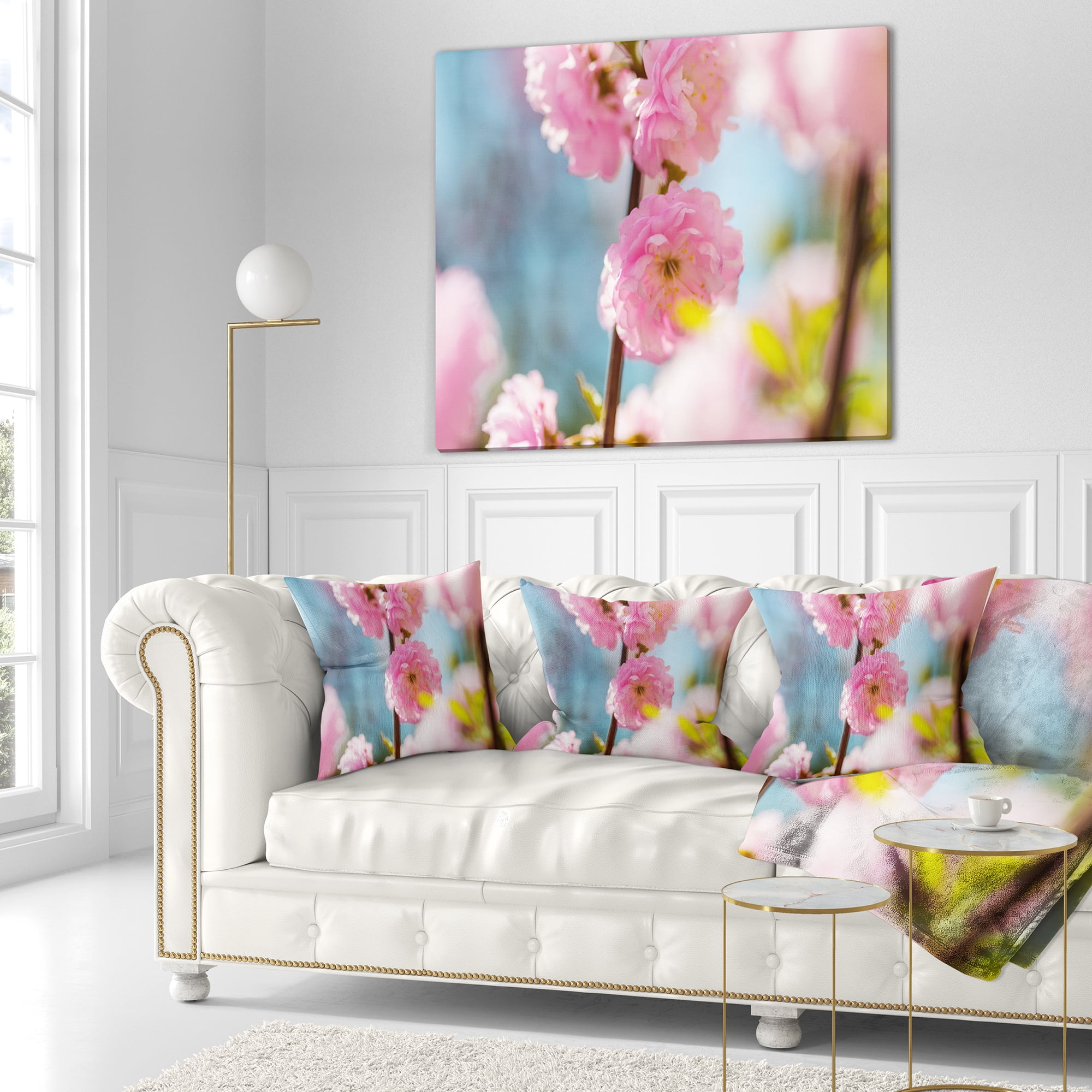 Designart Almond Tree Pink Flowers - Flower Throw Pillow - 16x16