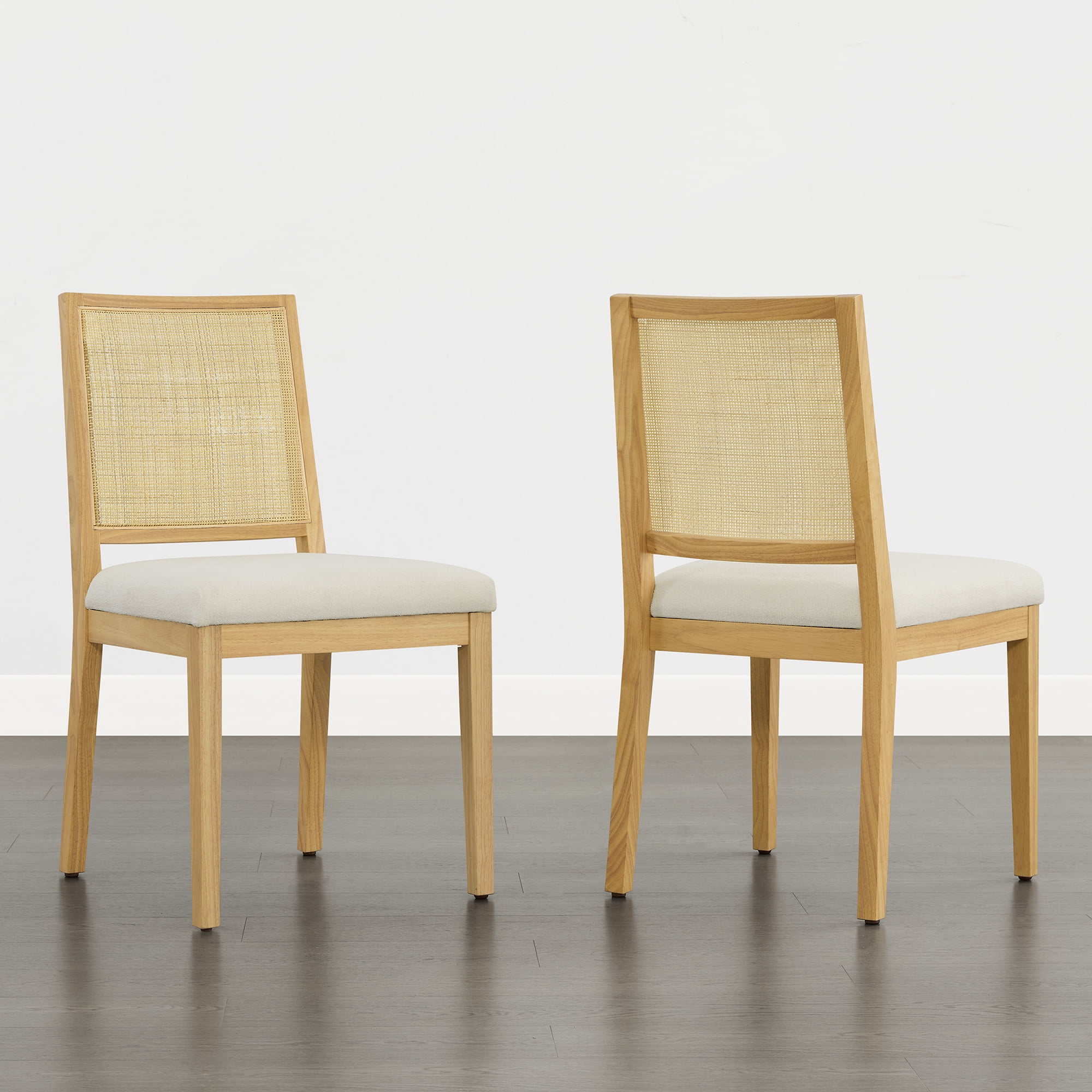 Spruce & Spring Boho Dining Chairs Set of 2 with Hand-Woven Natural Rattan Back, Upholstered Seat & Solid Wood Frame for Dining Room & Kitchen, Ivory Fabric