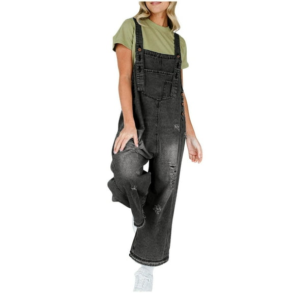 Hvot&aat Women’s Casual Rompers Loose Adjustable Strap Denim Bib Overall Jeans Distressed Wide Leg Jumpsuit