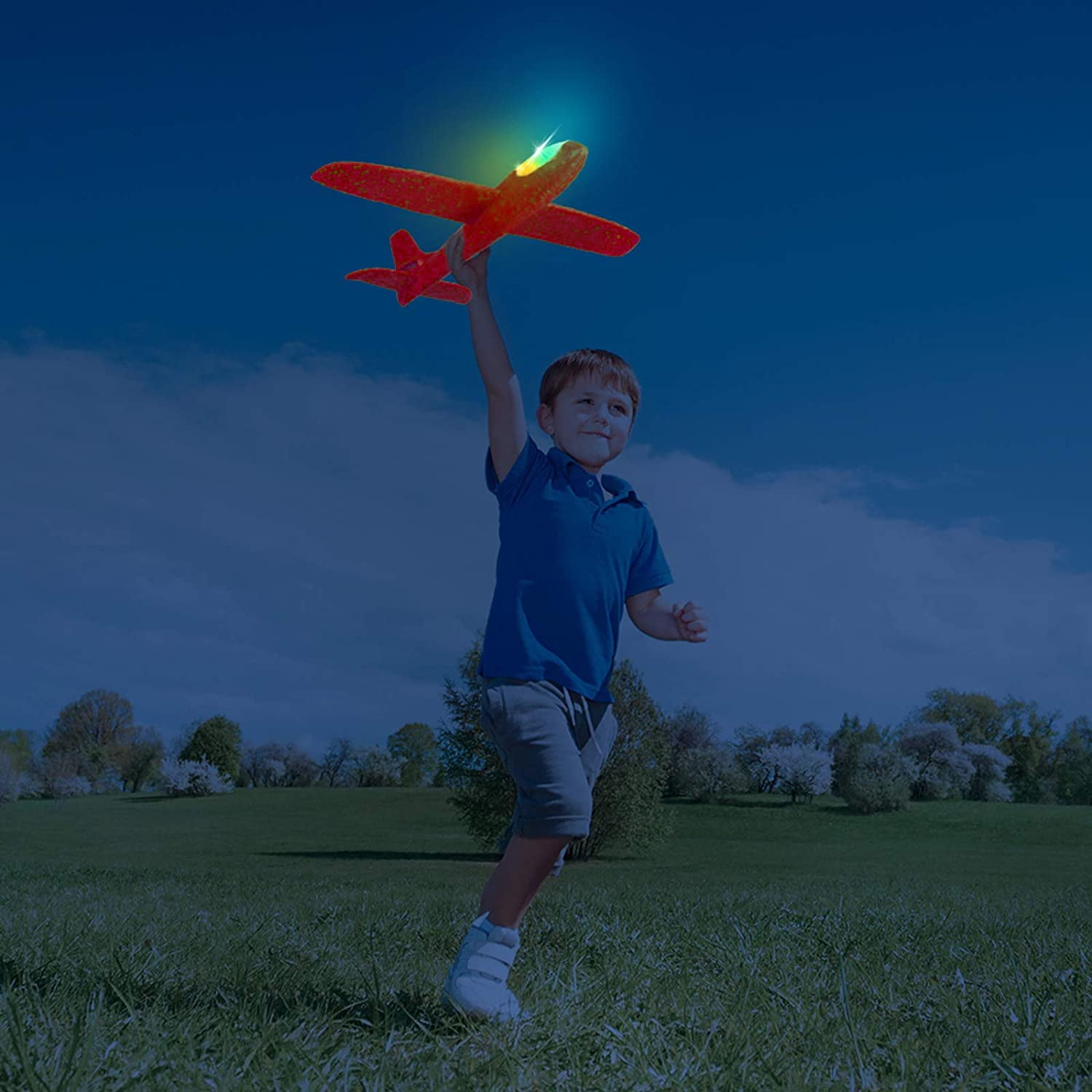 LNKOO 2 Pcs Flying Glider Planes, 18.9" Foam Flight Mode Throwing Air Plane with Flash LED Light Aerobatic Airplane Outdoor Sport Game Toys for Kids 3 4 5 6 7 Year Old Boy Birthday Christmas Gift