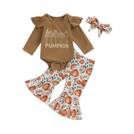 

Bagilaanoe 3Pcs Newborn Baby Girl Halloween Outfits Letter Pumpkin Print Long Sleeve Romper Tops + Flare Trousers + Headband 3M 6M 12M 18M Infant Long Pants Set