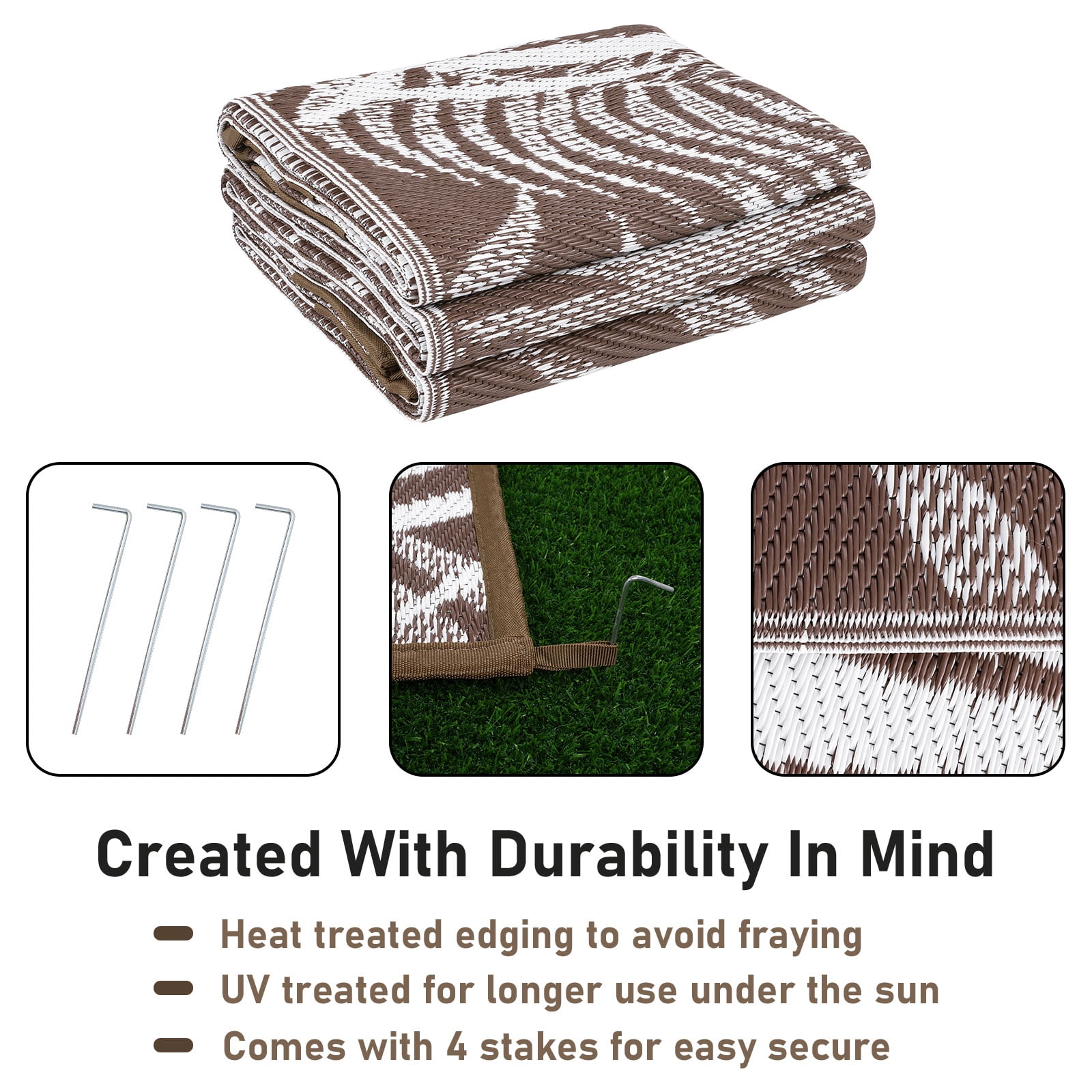 MeyJey Outdoor Rug, 8'x10' Reversible Waterproof Area Rug, Plastic Mat for RV Patio Camping, Brown