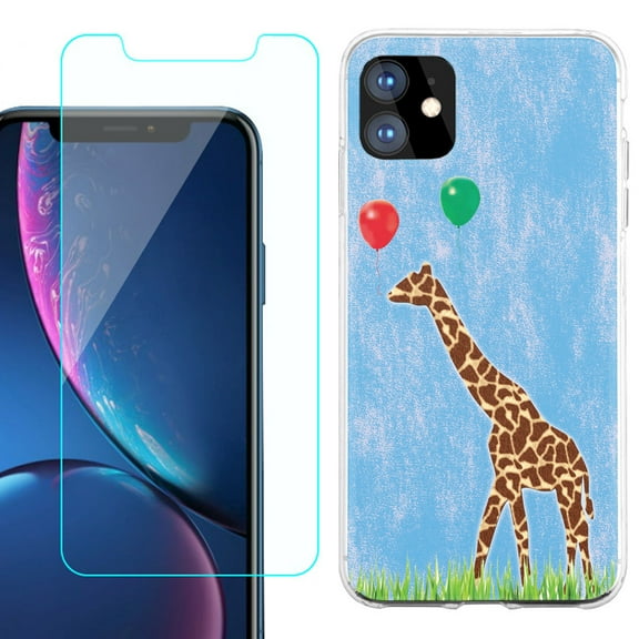 For Apple iPhone 11 Case , Slim-Fit TPU Protective Phone Case with Tempered Glass Screen Protector, by OneToughShield ® - Giraffe/Balloon