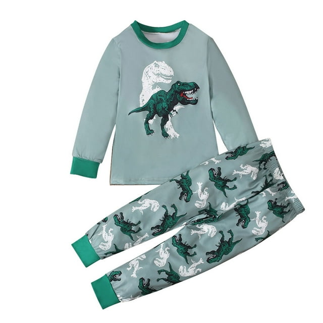 Odeerbi 1-9 Años Niños Niñas Pijamas de Algodón Otoño Long Johns Manga Larga Tops Pantalones Conjunto Suave Dinosaurio Imprimir Sleepwear Dos Piezas Pijama Set
