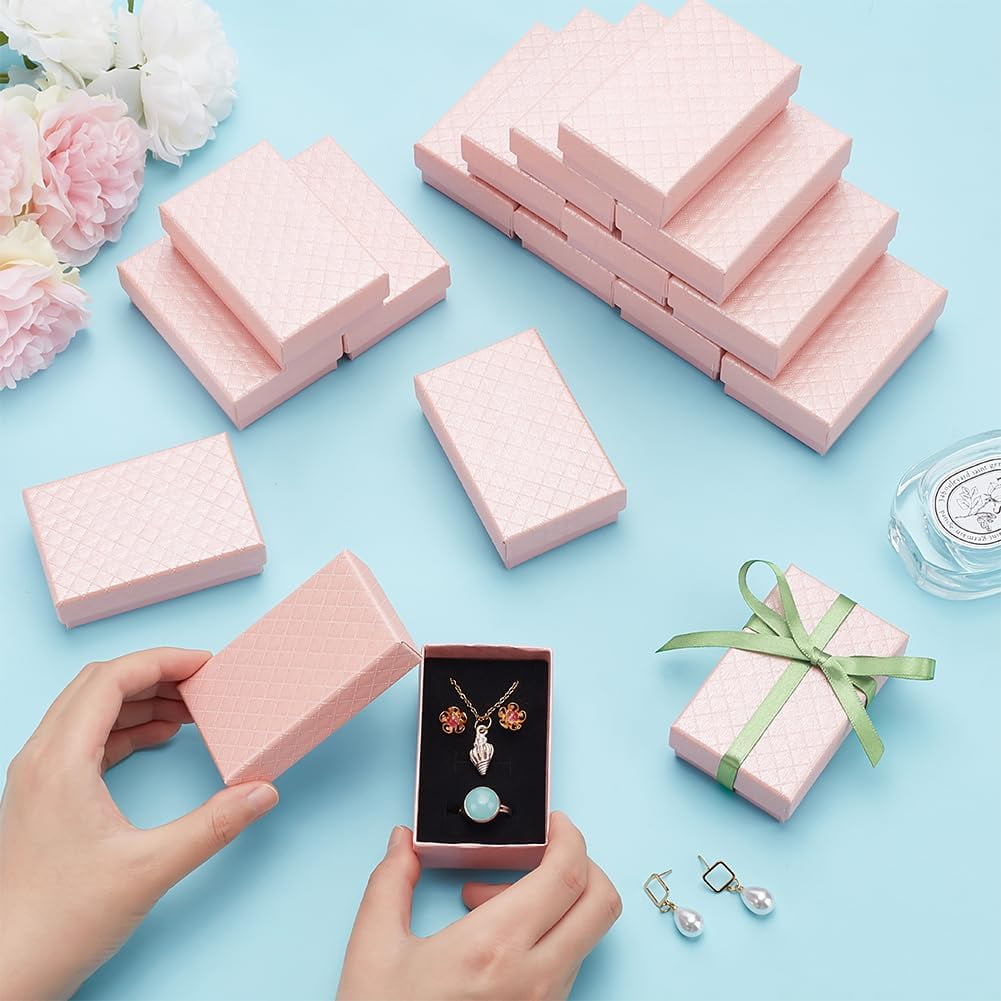 24 Pack Jewelry Gifts Boxes 3x2 Inch Rectangle Cardboard Earring Necklace Storage Boxes with Velvet Sponge for Ring Weddings Birthdays (Pink)