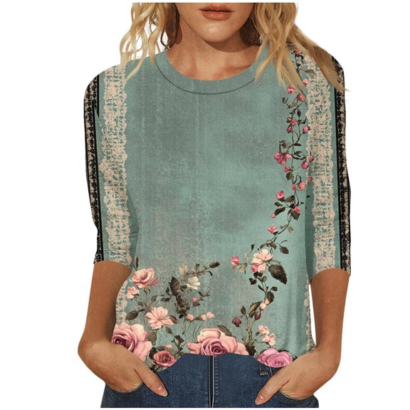 ZHENHONG Graphic Tees for Women, 3/4 Length Sleeve Womens Tops Casual Round Neck Cute Tops Fashion Loose Fit T Shirts Ladies Tops and Blouses Going Out Tops