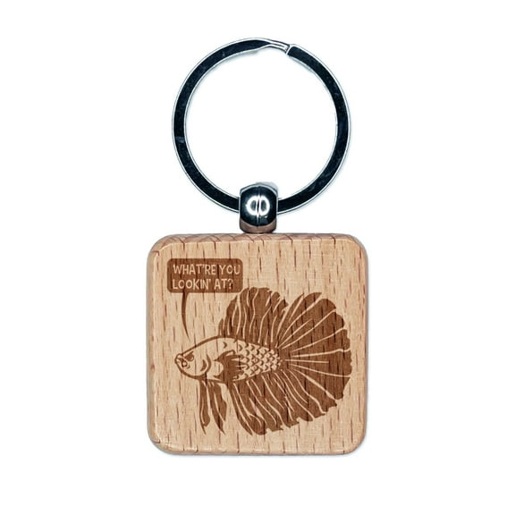 Angry Betta Fish Looking to Start Fight Square Keychain Charm Tag - Engraved Wood