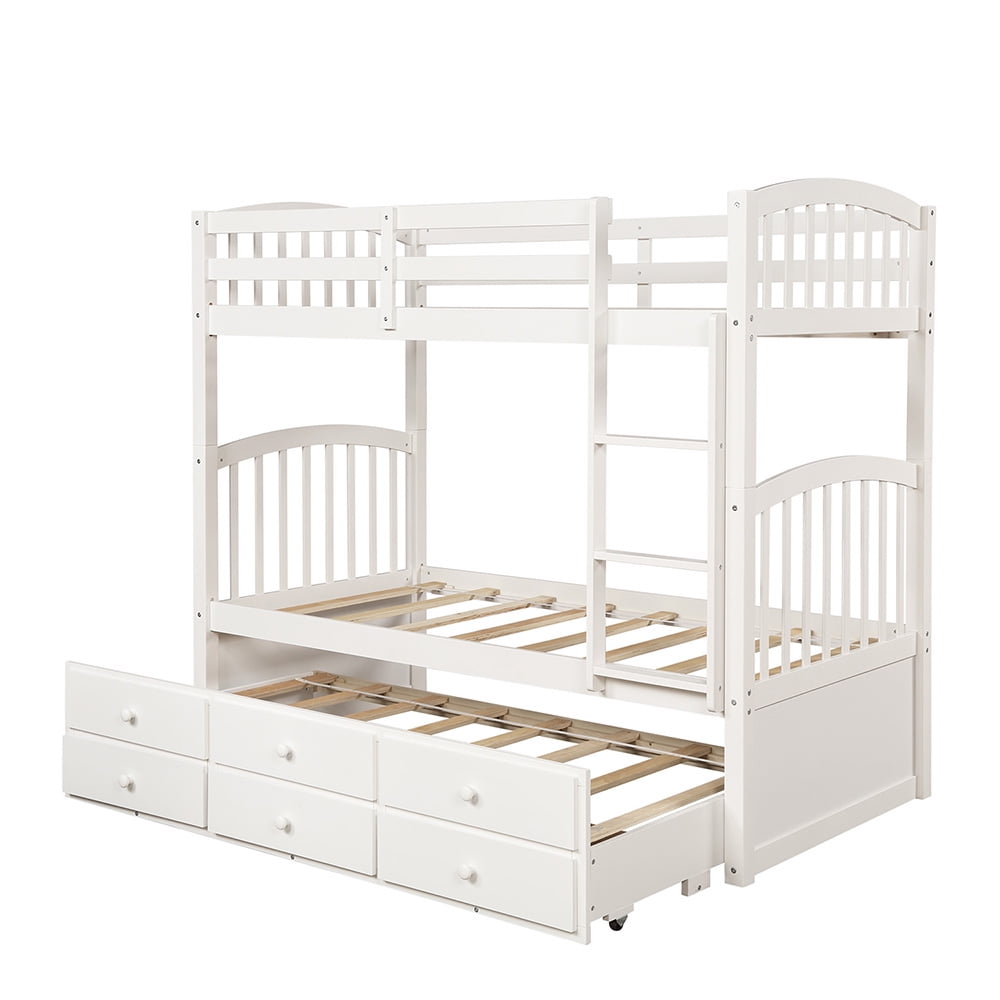 Lowestbest Twin Bunk Beds with Trundle and Ladder, Safety Rails, Twin Loft Beds with 3 Drawers for Kids, White