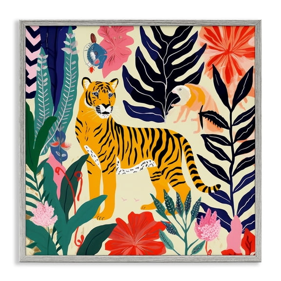 Stupell Industries Tropical Tiger & Abstract Creatures Gray Framed Giclee Art, 24 x 24, by Lazar Studio